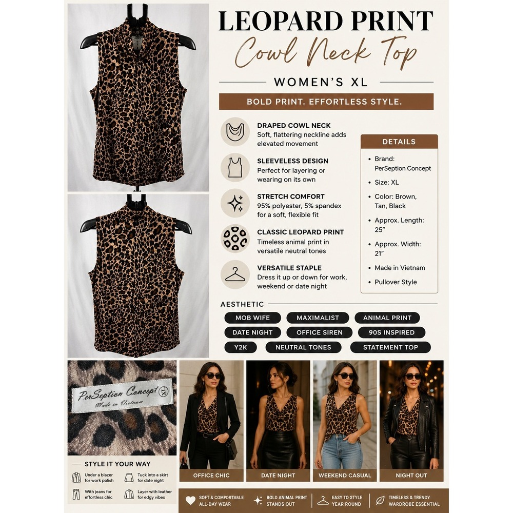 Leopard Print Top Brown Black Womens XL Sleeveless Cowl Neck Animal Print